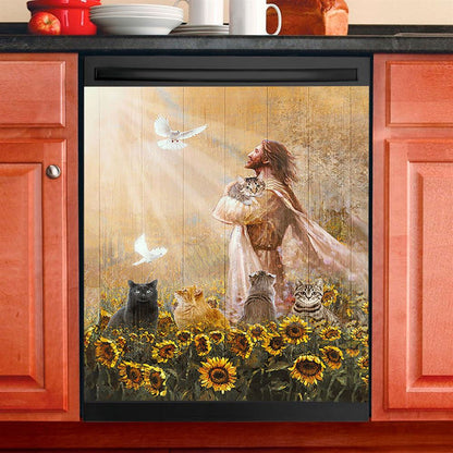 Jesus And Cat Sunflower Garden Dishwasher Cover, Christian Dishwasher Stickers, Gift For Cat Lover