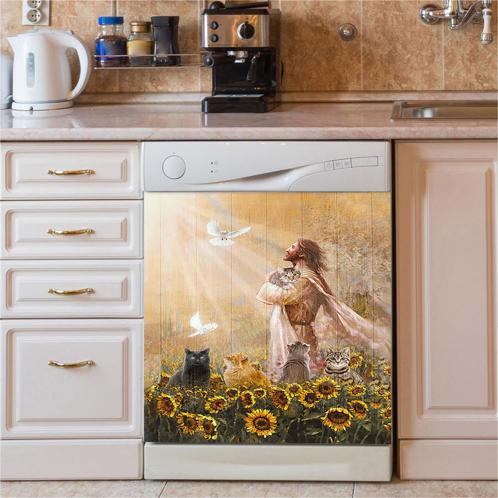 Jesus And Cat Sunflower Garden Dishwasher Cover, Christian Dishwasher Stickers, Gift For Cat Lover