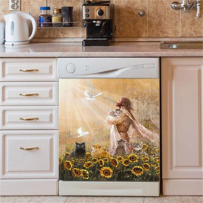 Jesus And Cat Sunflower Garden Dishwasher Cover, Christian Dishwasher Stickers, Gift For Cat Lover