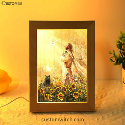 Jesus And Cat Sunflower Garden Frame Lamp Art - Christian Art Decor - Gift For Cat Lover
