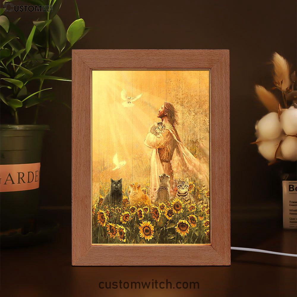 Jesus And Cat Sunflower Garden Frame Lamp Art - Christian Art Decor - Gift For Cat Lover