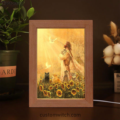 Jesus And Cat Sunflower Garden Frame Lamp Art - Christian Art Decor - Gift For Cat Lover