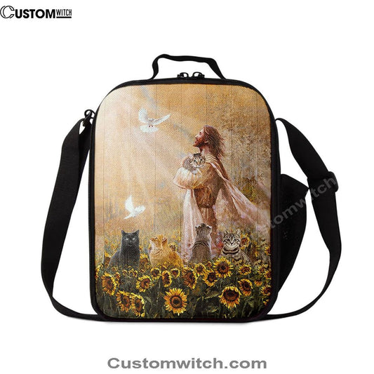 Jesus And Cat Sunflower Garden Lunch Bag Decor - Gift For Cat Lover, Christian Lunch Box For School, Picnic