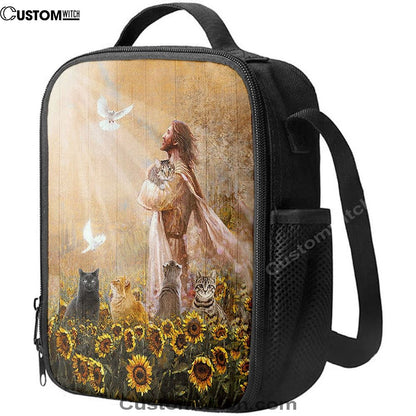 Jesus And Cat Sunflower Garden Lunch Bag Decor - Gift For Cat Lover, Christian Lunch Box For School, Picnic