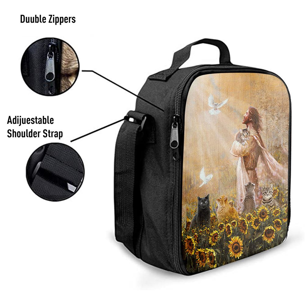 Jesus And Cat Sunflower Garden Lunch Bag Decor - Gift For Cat Lover, Christian Lunch Box For School, Picnic