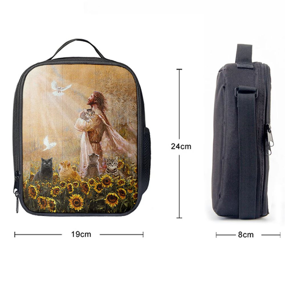 Jesus And Cat Sunflower Garden Lunch Bag Decor - Gift For Cat Lover, Christian Lunch Box For School, Picnic