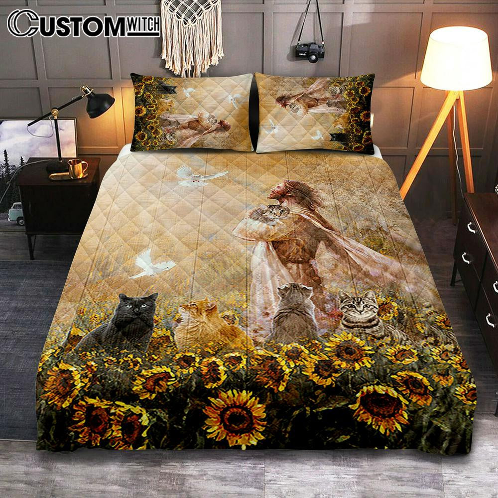 Jesus And Cat Sunflower Garden Quilt Bedding Set Art - Christian Bedroom Decor - Gift For Cat Lover