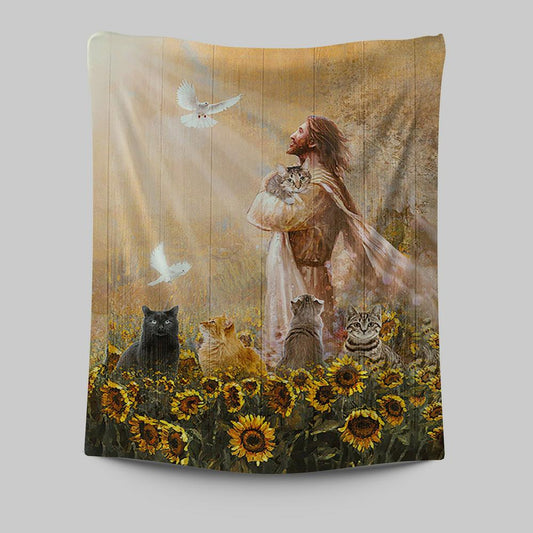 Jesus And Cat Sunflower Garden Tapestry Art - Christian Wall Art Decor - Gift For Cat Lover
