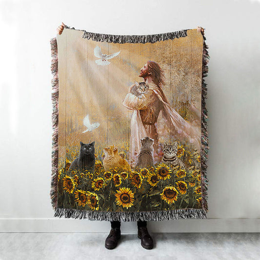 Jesus And Cat Sunflower Garden Woven Blanket Art - Christian Throw Blanket Decor - Gift For Cat Lover