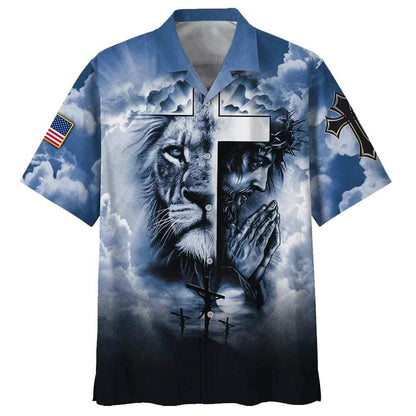 Jesus And Cross Lion Pray Christian Faith Blue Sky Hawaiian Shirt For Men, Christian Hawaiian Shirt, Gift For Christian