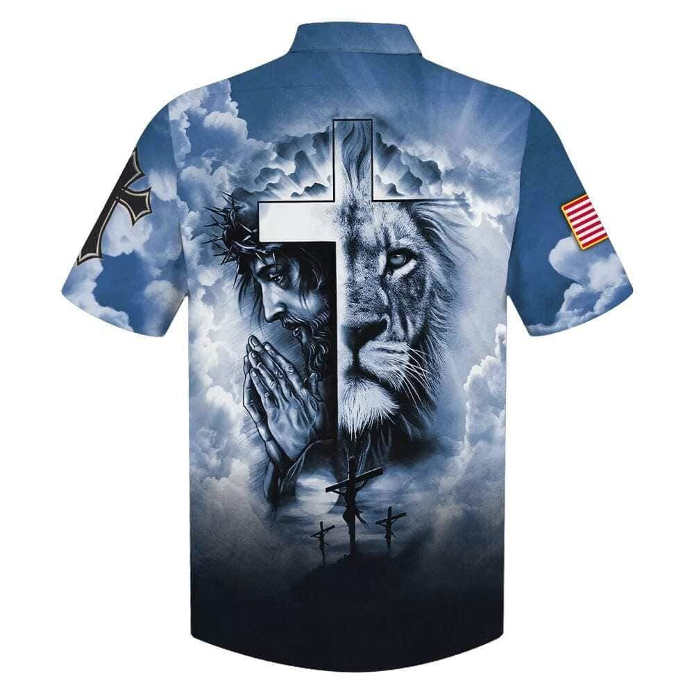 Jesus And Cross Lion Pray Christian Faith Blue Sky Hawaiian Shirt For Men, Christian Hawaiian Shirt, Gift For Christian