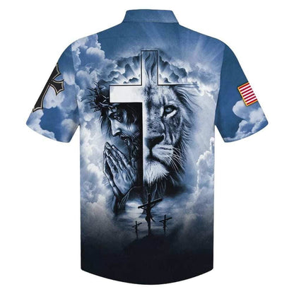 Jesus And Cross Lion Pray Christian Faith Blue Sky Hawaiian Shirt For Men, Christian Hawaiian Shirt, Gift For Christian