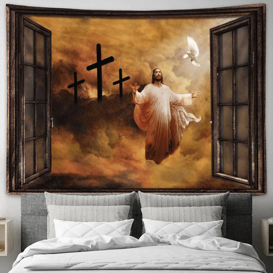 Jesus And Dove The Rugged Cross Heaven's Lights Tapestry, Tapestries for Living Room Bedroom