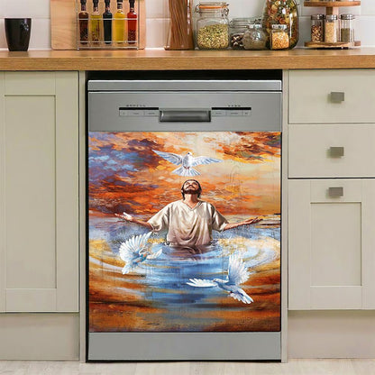Jesus And Doves Baptism Dishwasher Cover, Bible Verse Dishwasher Stickers, Inspirational Kitchen Decor