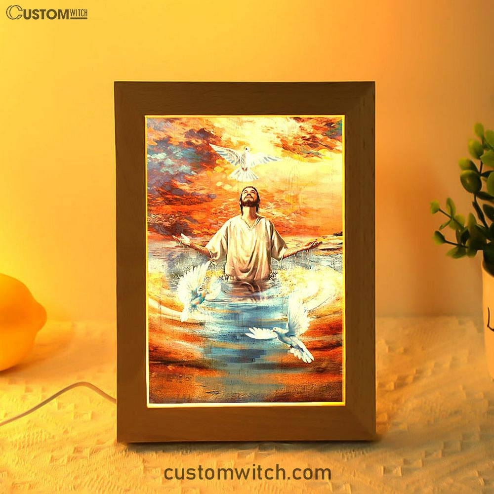 Jesus And Doves Baptism Frame Lamp Art - Bible Verse Wooden Lamp - Inspirational Art - Christian Home Decor