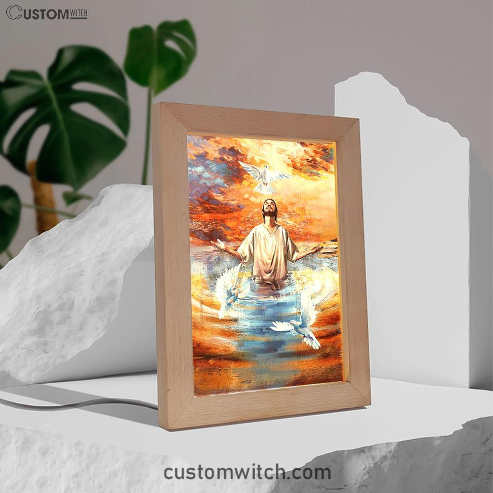 Jesus And Doves Baptism Frame Lamp Art - Bible Verse Wooden Lamp - Inspirational Art - Christian Home Decor