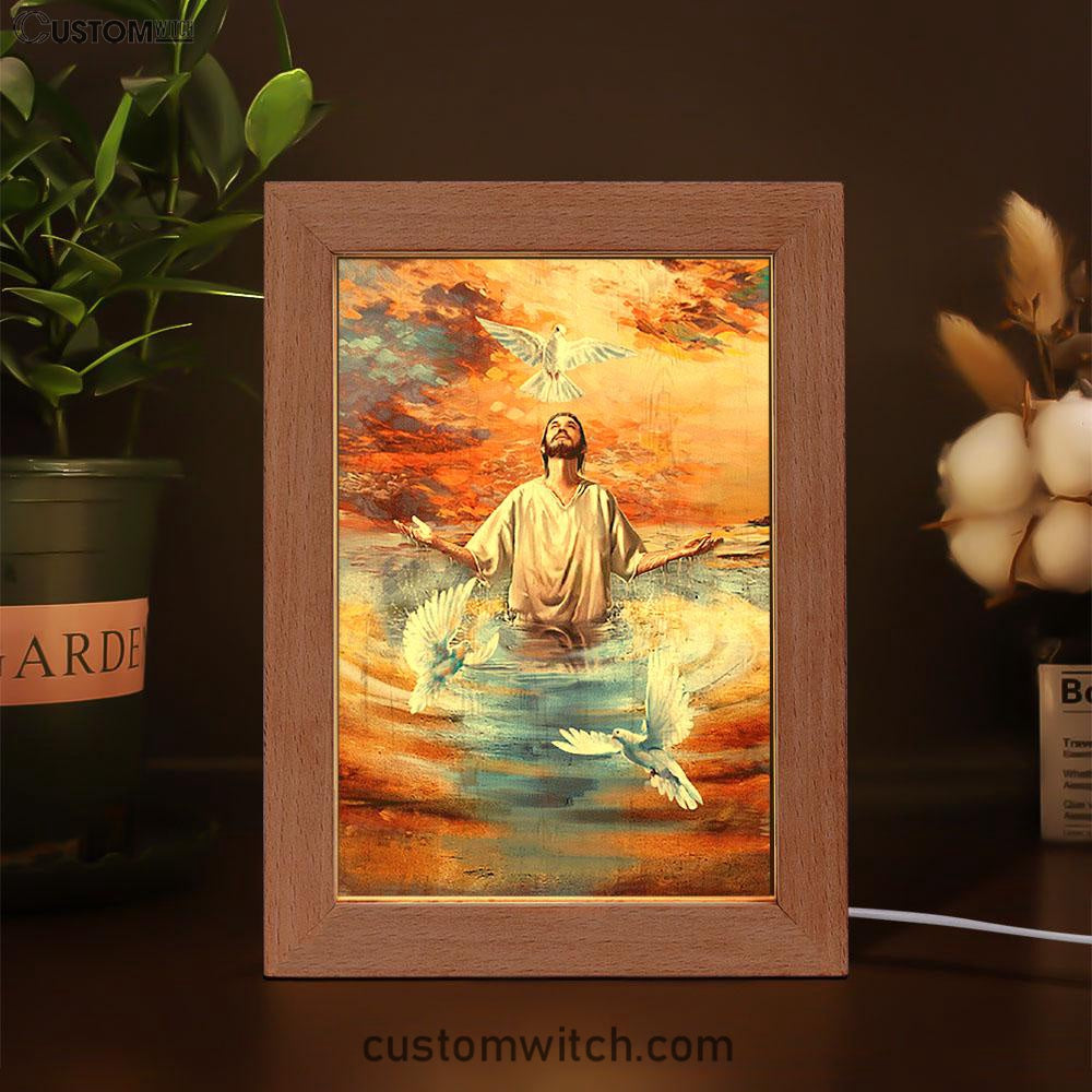 Jesus And Doves Baptism Frame Lamp Art - Bible Verse Wooden Lamp - Inspirational Art - Christian Home Decor