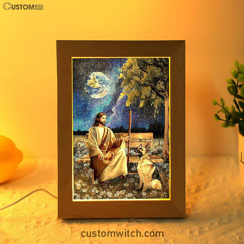 Jesus And German Shepherd Dog Daisy Field Art Frame Lamp - Jesus Portrait Frame Lamp Prints - Christian Art