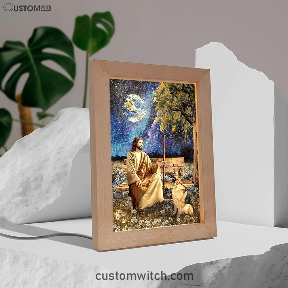 Jesus And German Shepherd Dog Daisy Field Art Frame Lamp - Jesus Portrait Frame Lamp Prints - Christian Art