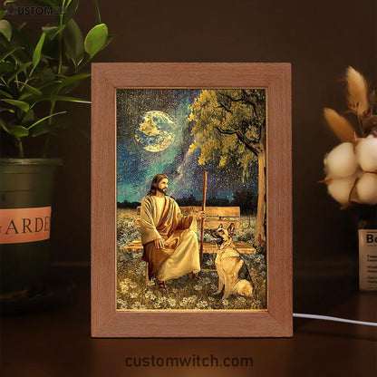 Jesus And German Shepherd Dog Daisy Field Art Frame Lamp - Jesus Portrait Frame Lamp Prints - Christian Art