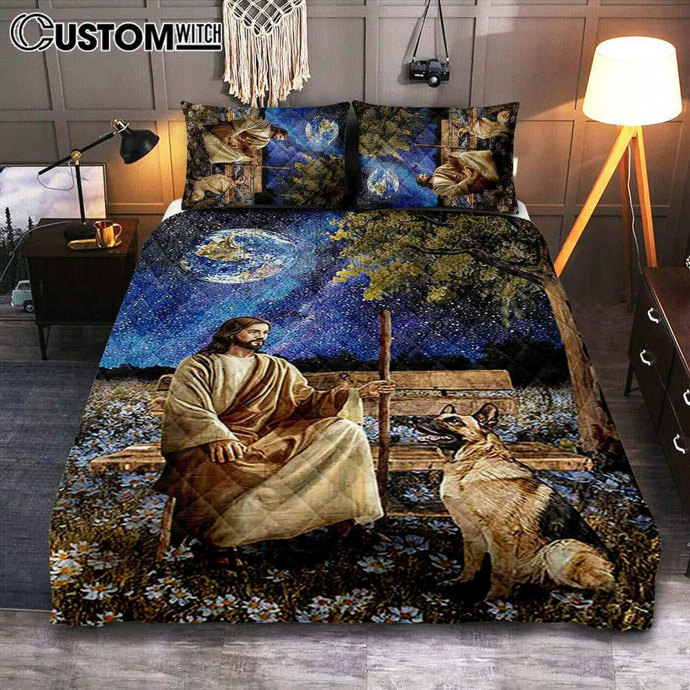 Jesus And German Shepherd Dog Daisy Field Bedroom Quilt Bedding Set - Jesus Portrait Quilt Bedding Set Prints - Christian Bedroom