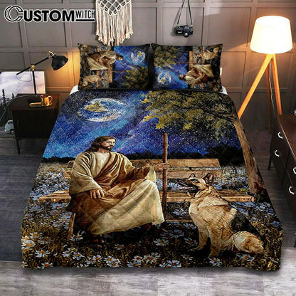 Jesus And German Shepherd Dog Daisy Field Bedroom Quilt Bedding Set - Jesus Portrait Quilt Bedding Set Prints - Christian Bedroom
