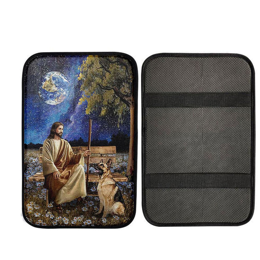 Jesus And German Shepherd Dog Daisy Field Car Center Console Cover, Christian Car Armrest Accessories