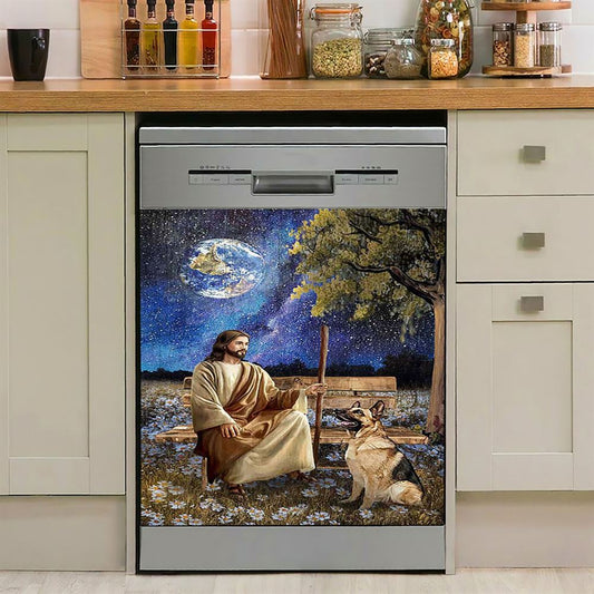 Jesus And German Shepherd Dog Daisy Field Dishwasher Cover, Jesus Portrait Dishwasher Stickers, Christian Kitchen Decor