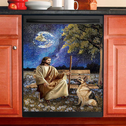 Jesus And German Shepherd Dog Daisy Field Dishwasher Cover, Jesus Portrait Dishwasher Stickers, Christian Kitchen Decor