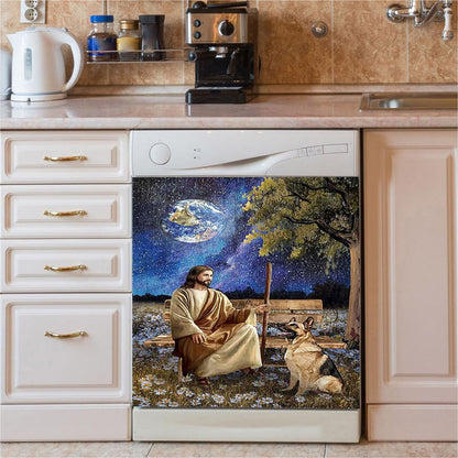 Jesus And German Shepherd Dog Daisy Field Dishwasher Cover, Jesus Portrait Dishwasher Stickers, Christian Kitchen Decor