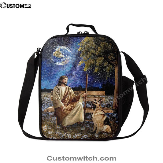 Jesus And German Shepherd Dog Daisy Field Lunch Bag, Christian Lunch Box For School, Picnic