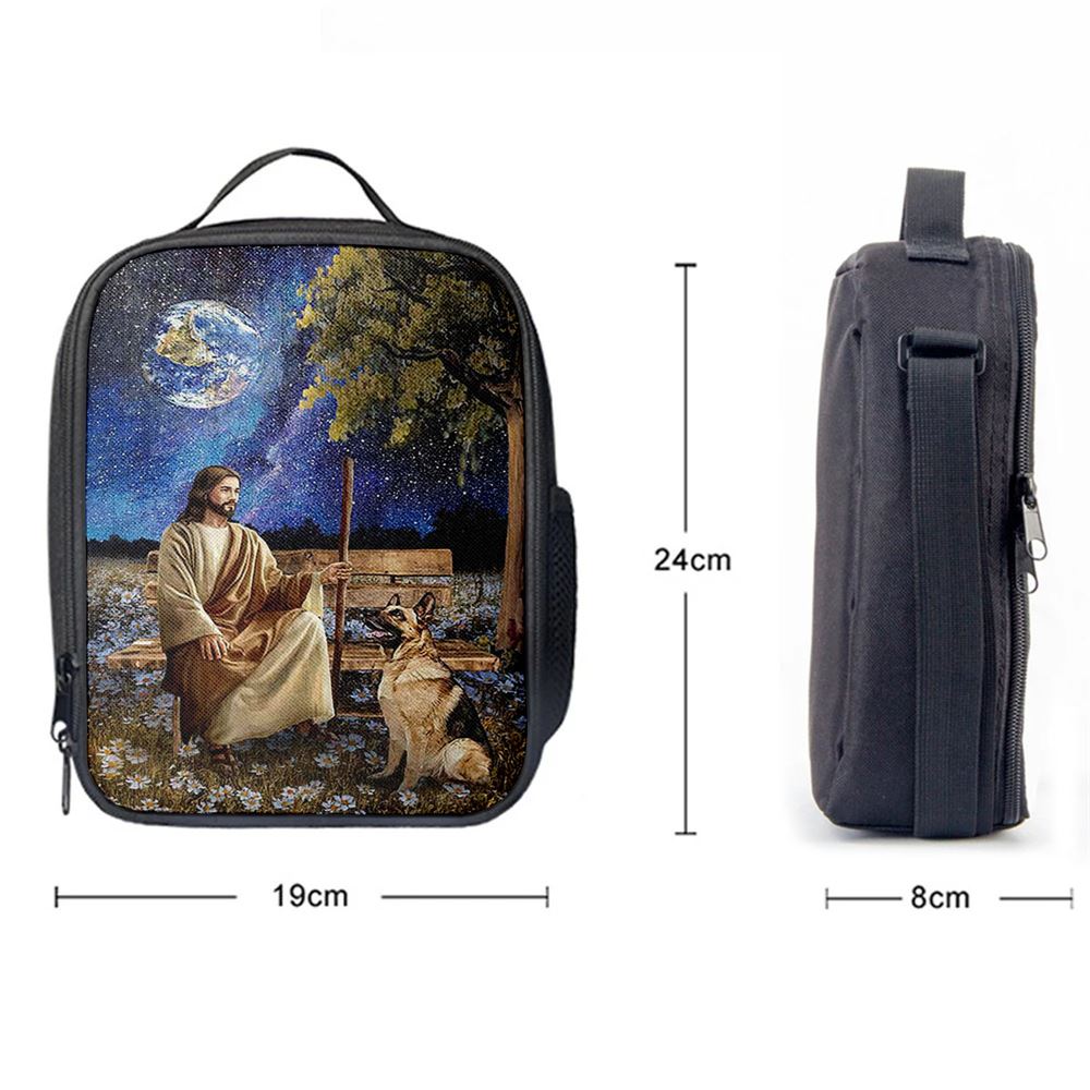 Jesus And German Shepherd Dog Daisy Field Lunch Bag, Christian Lunch Box For School, Picnic