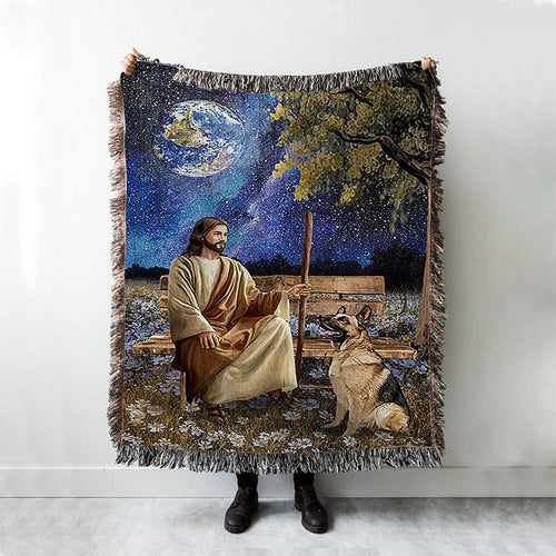 Jesus And German Shepherd Dog Daisy Field Throw Blanket Woven Blanket - Jesus Portrait Woven Blanket Prints - Christian Throw Blanket