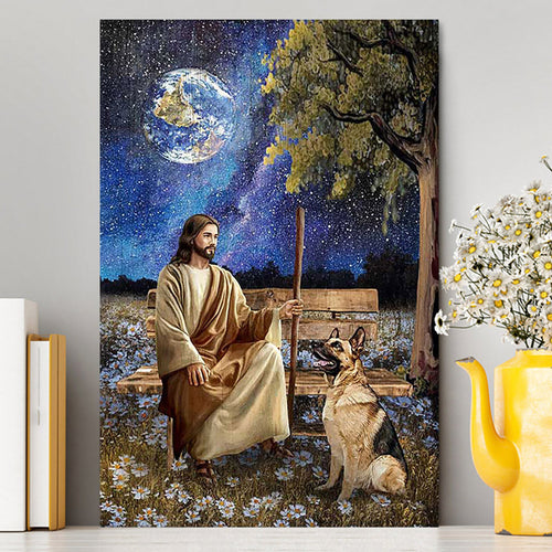 Jesus And German Shepherd Dog Daisy Field Wall Art Canvas - Jesus Portrait Canvas Prints - Christian Wall Art