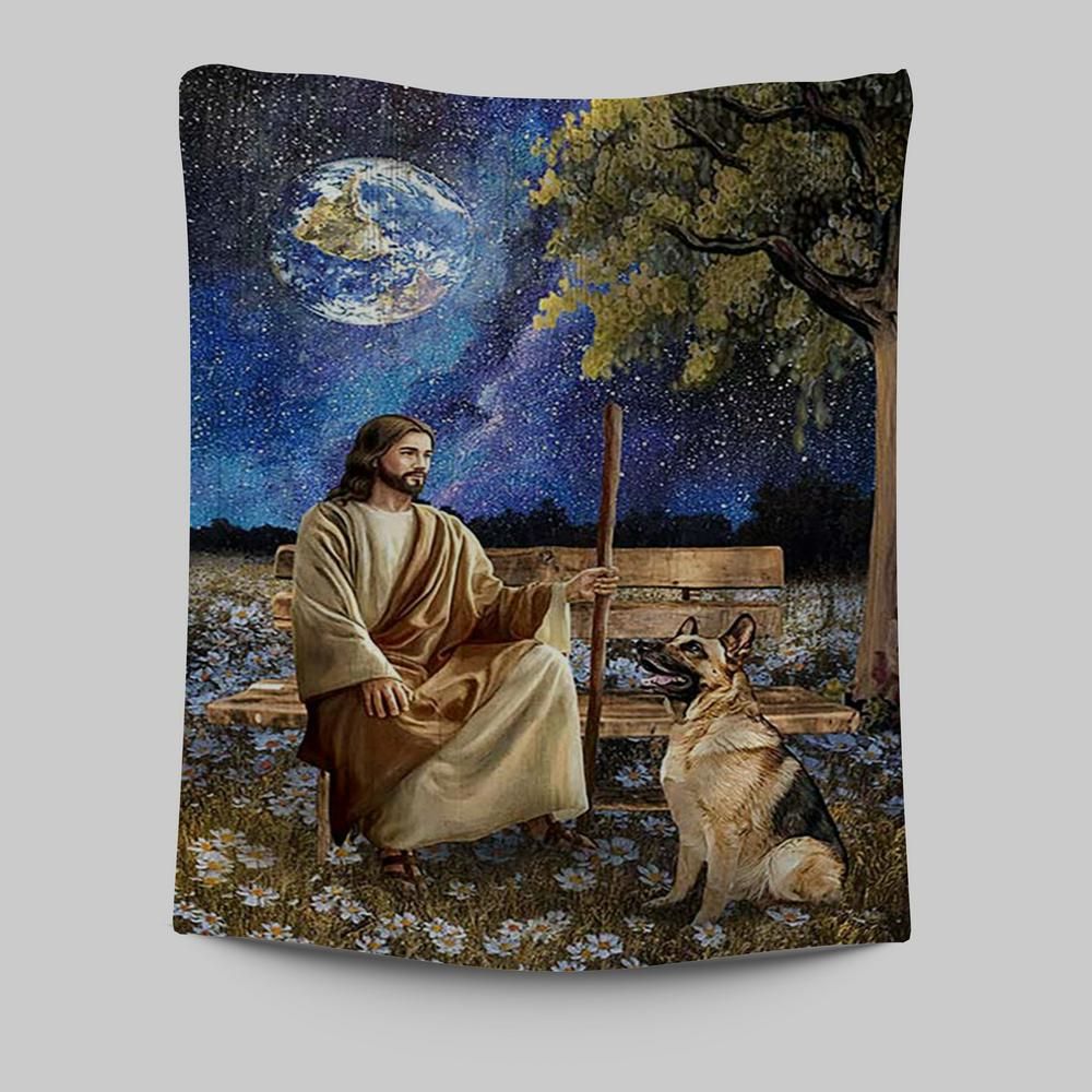 Jesus And German Shepherd Dog Daisy Field Wall Art Tapestry - Jesus Portrait Tapestry Prints - Christian Wall Art