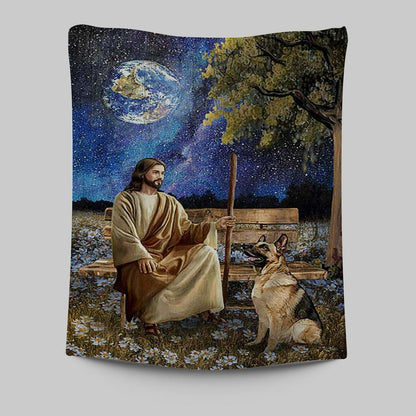 Jesus And German Shepherd Dog Daisy Field Wall Art Tapestry - Jesus Portrait Tapestry Prints - Christian Wall Art