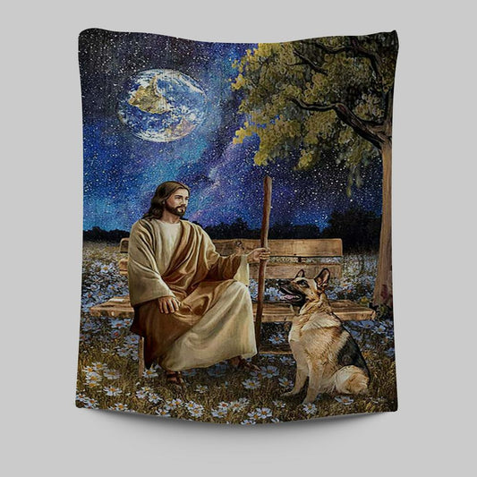 Jesus And German Shepherd Dog Daisy Field Wall Art Tapestry - Jesus Portrait Tapestry Prints - Christian Wall Art