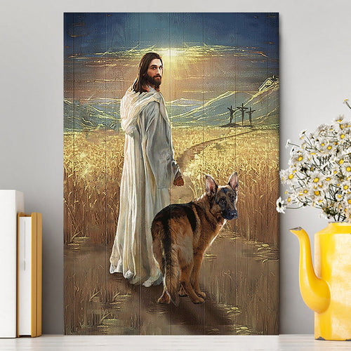 Jesus And German Shepherd Dog Walking Rice Field Canvas Wall Decor - Christian Wall Art - Gift For Dog Lover
