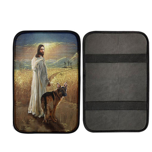 Jesus And German Shepherd Dog Walking Rice Field Car Armrest Pad - Gift For Dog Lover, Christian Car Armrest Accessories