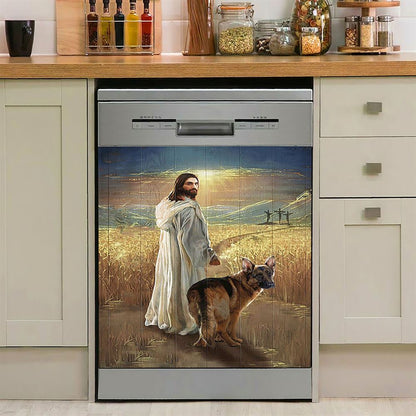 Jesus And German Shepherd Dog Walking Rice Field Dishwasher Cover, Christian Dishwasher Stickers, Gift For Dog Lover