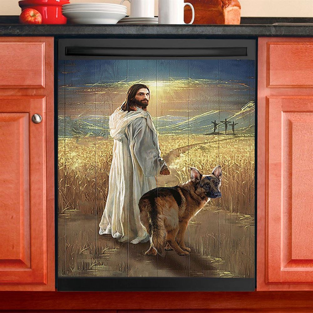 Jesus And German Shepherd Dog Walking Rice Field Dishwasher Cover, Christian Dishwasher Stickers, Gift For Dog Lover