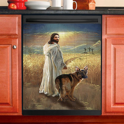 Jesus And German Shepherd Dog Walking Rice Field Dishwasher Cover, Christian Dishwasher Stickers, Gift For Dog Lover