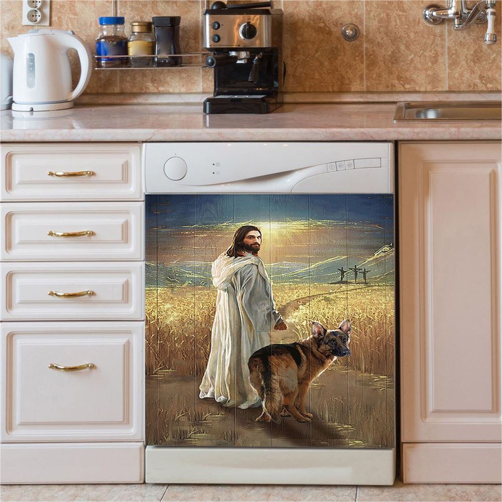 Jesus And German Shepherd Dog Walking Rice Field Dishwasher Cover, Christian Dishwasher Stickers, Gift For Dog Lover