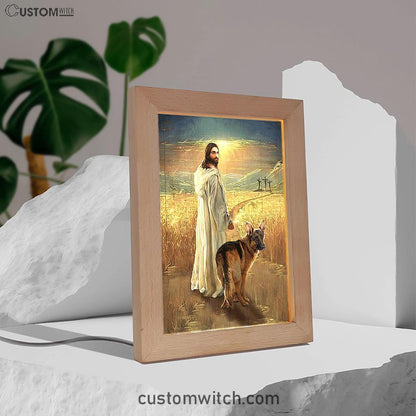 Jesus And German Shepherd Dog Walking Rice Field Frame Lamp Decor - Christian Art - Gift For Dog Lover