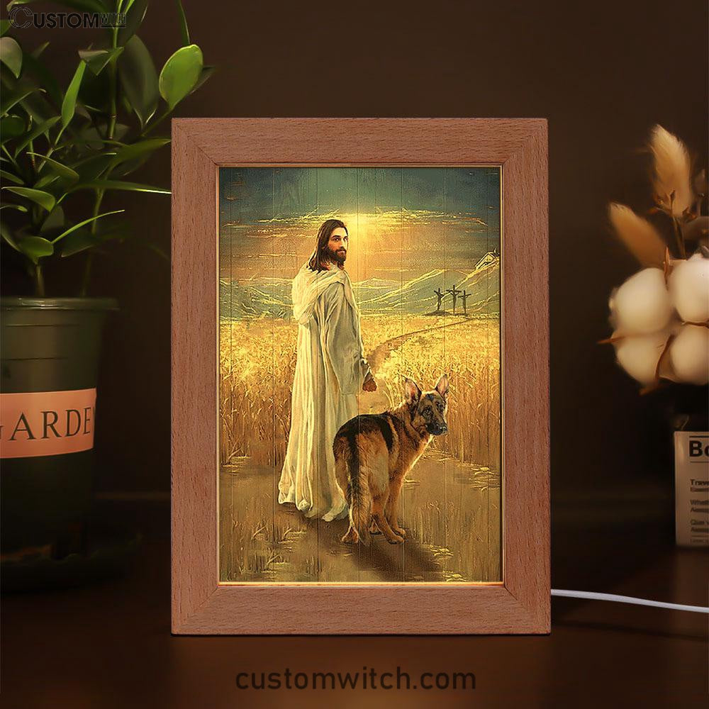 Jesus And German Shepherd Dog Walking Rice Field Frame Lamp Decor - Christian Art - Gift For Dog Lover
