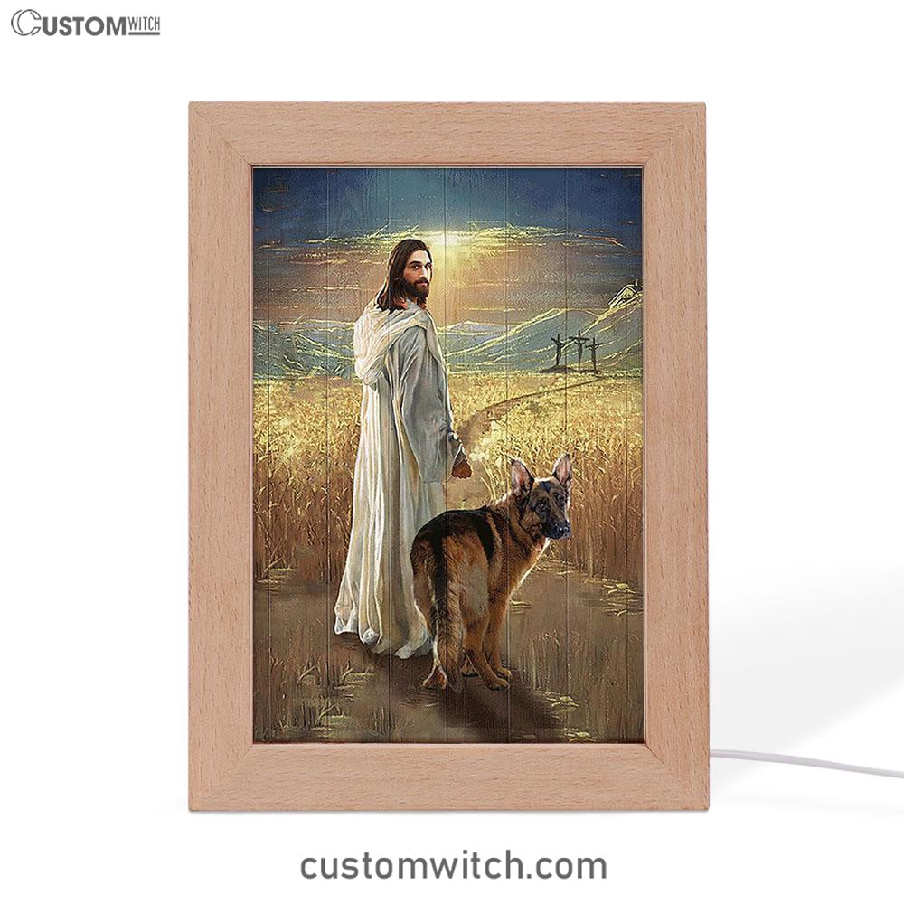 Jesus And German Shepherd Dog Walking Rice Field Frame Lamp Decor - Christian Art - Gift For Dog Lover
