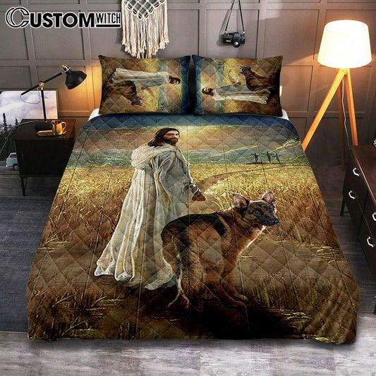 Jesus And German Shepherd Dog Walking Rice Field Quilt Bedding Set Cover Twin Bedding Decor - Christian Bedroom - Gift For Dog Lover