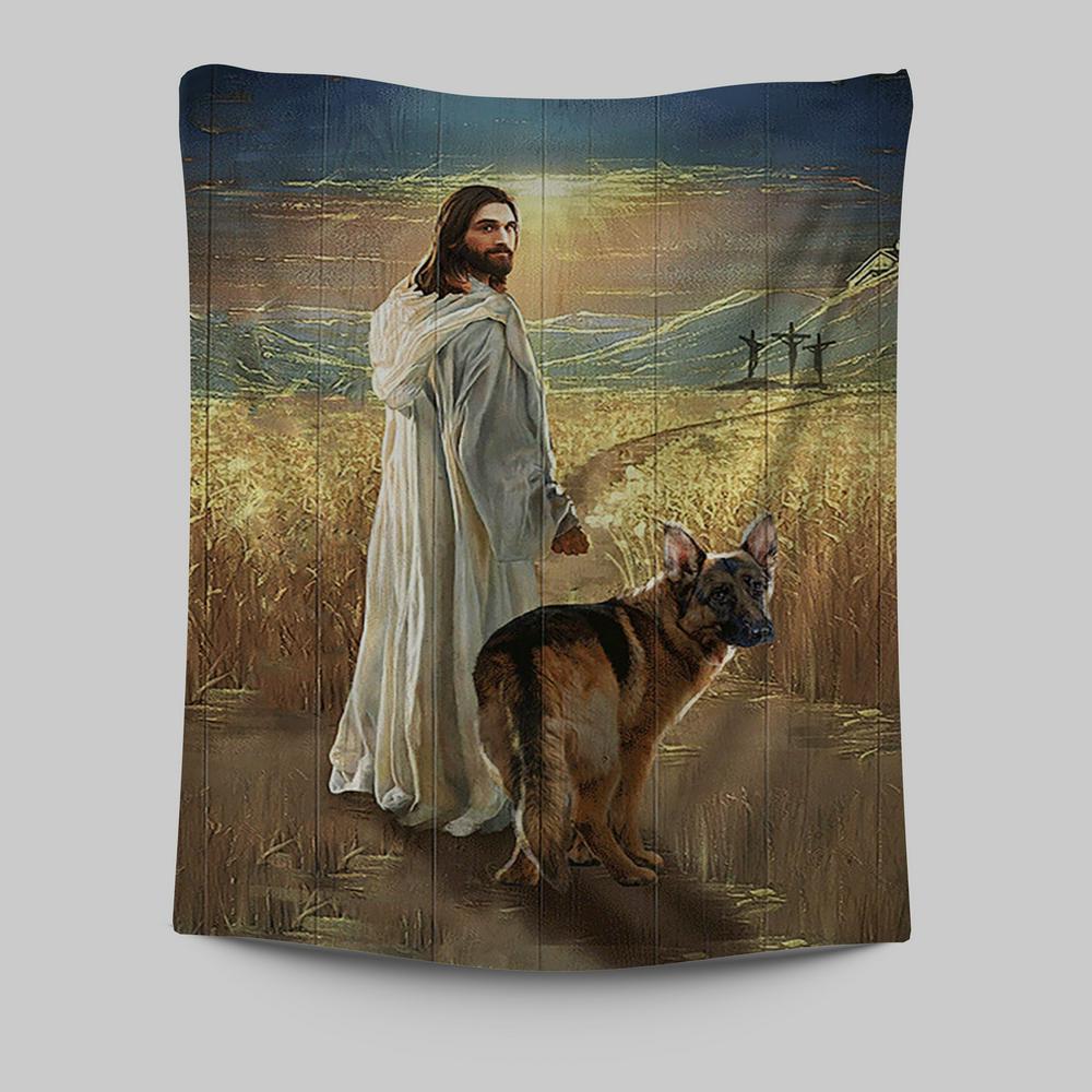 Jesus And German Shepherd Dog Walking Rice Field Tapestry Wall Decor - Christian Wall Art - Gift For Dog Lover