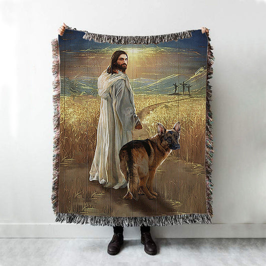 Jesus And German Shepherd Dog Walking Rice Field Woven Boho Blanket - Christian Throw Blanket - Gift For Dog Lover