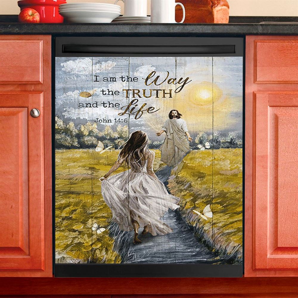 Jesus And Girl I Am The Way The Truth And The Life Dishwasher Cover, Christian Dishwasher Stickers, Bible Verse Kitchen Decor